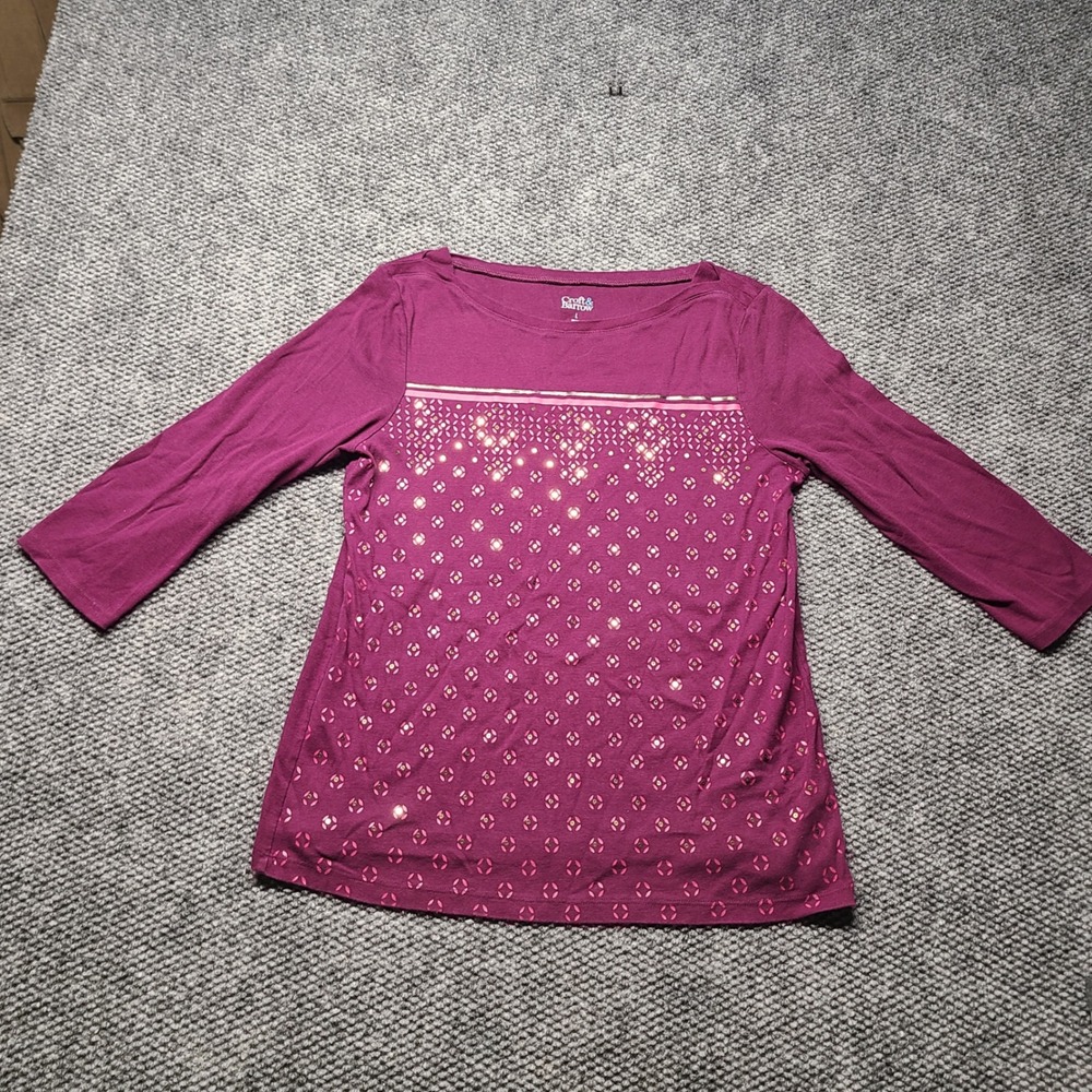 Croft & Barrow Womens Large Purple Sequin Geometric Boat Neck 100% Cotton Top